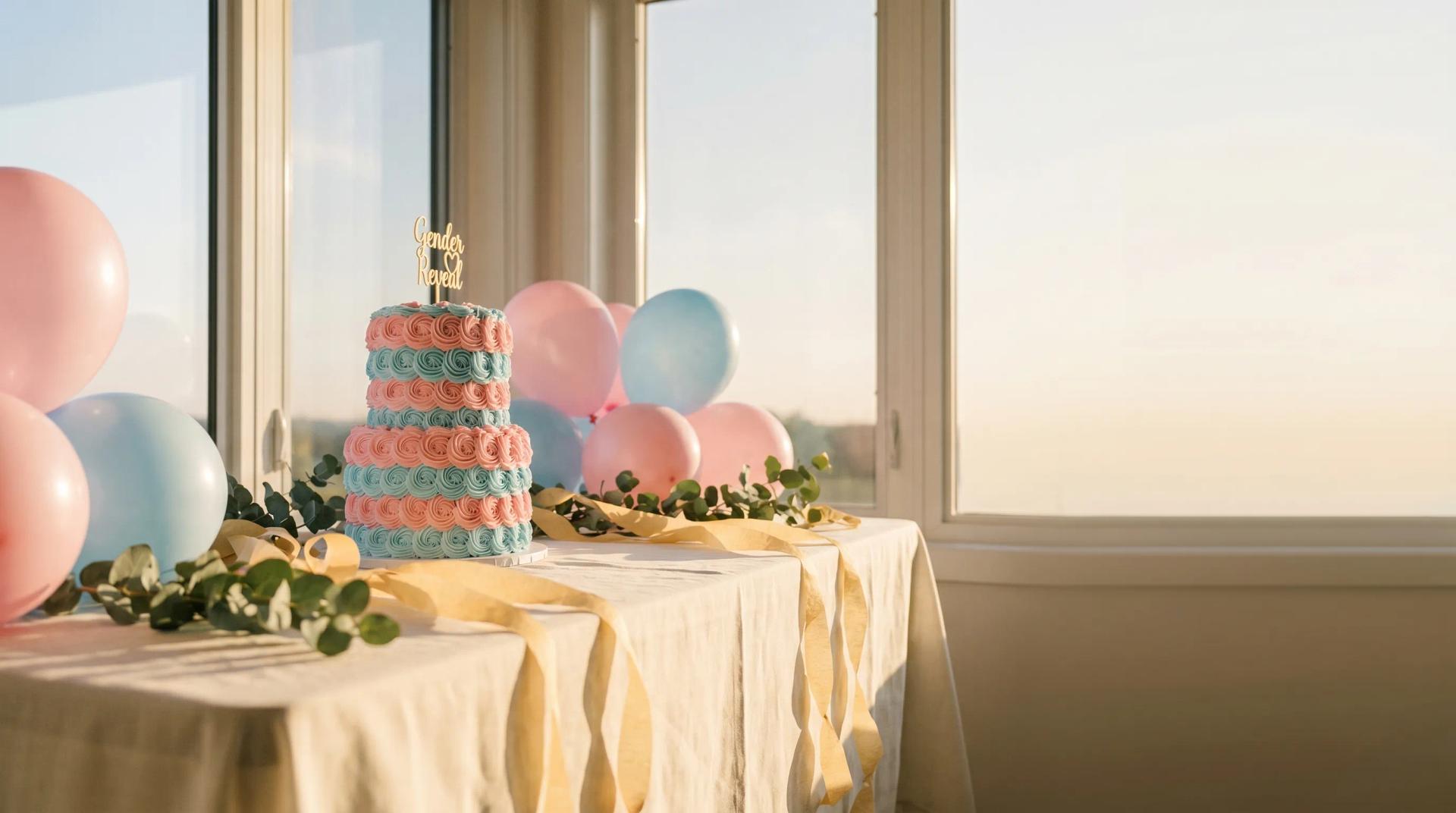 Mesa de chá revelação com bolo decorado e balões rosa e azul ao fundo