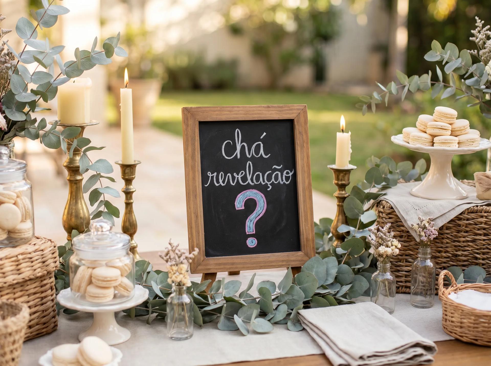 Mesa decorada com placa menino ou menina