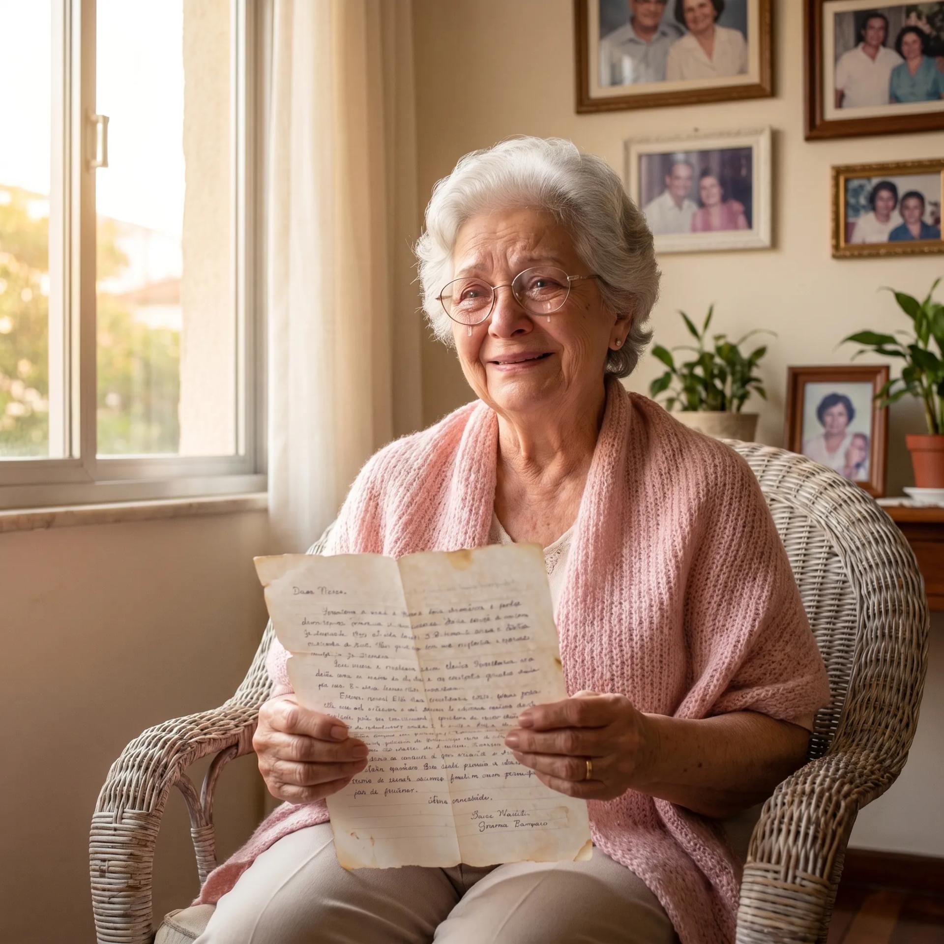 Avó emocionada lendo carta no chá revelação