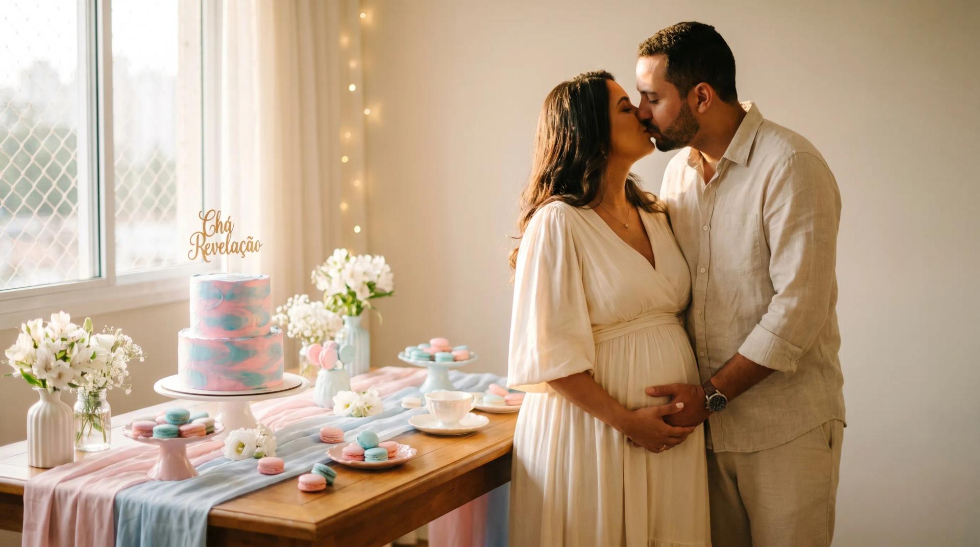 Casal grávido se beijando ao lado de mesa decorada com bolo rosa e azul