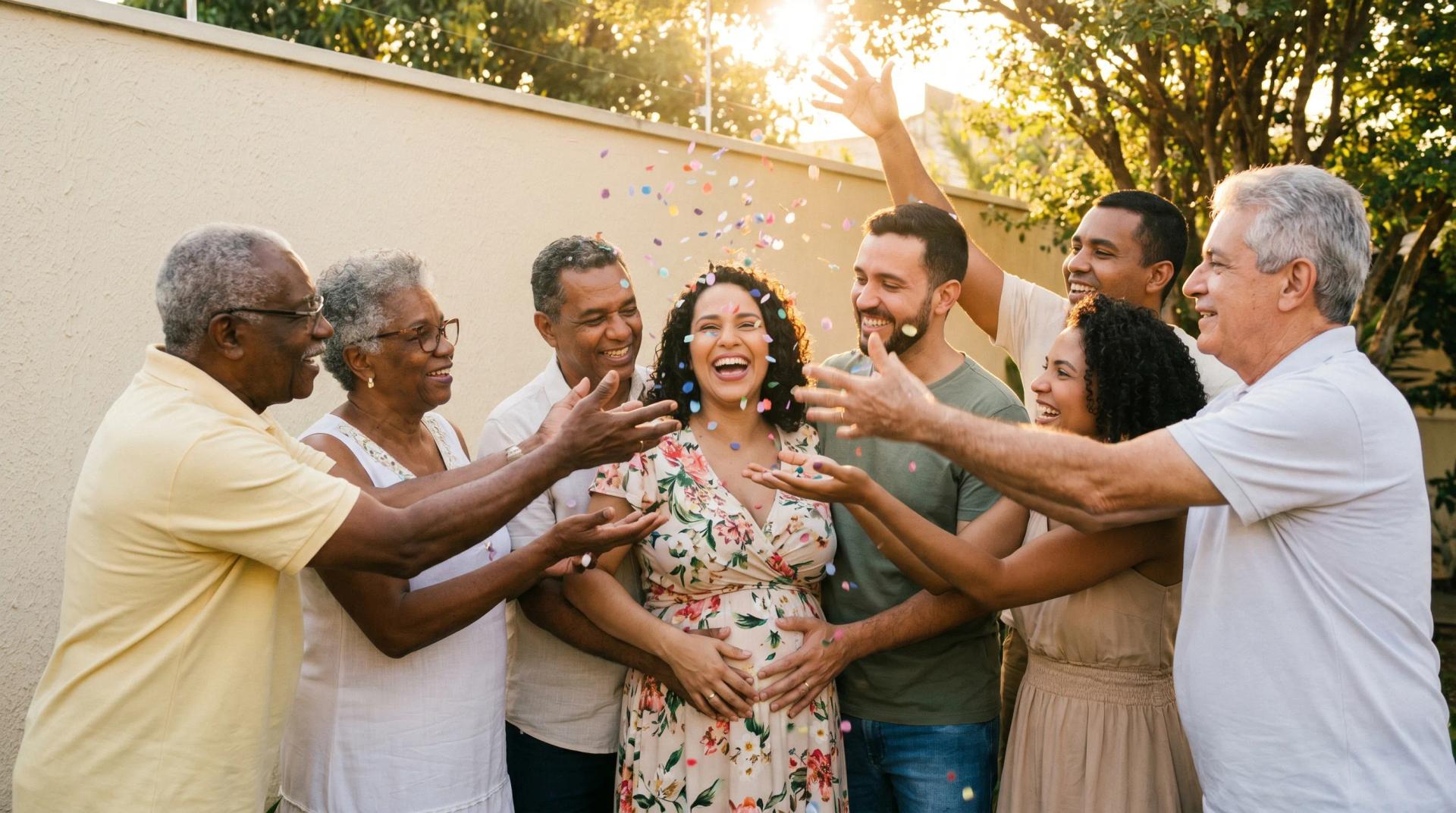 Família comemorando ao redor da gestante com confete colorido no ar
