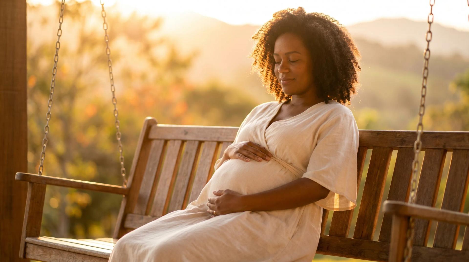 Gestante abraçando a barriga com luz dourada de fim de tarde