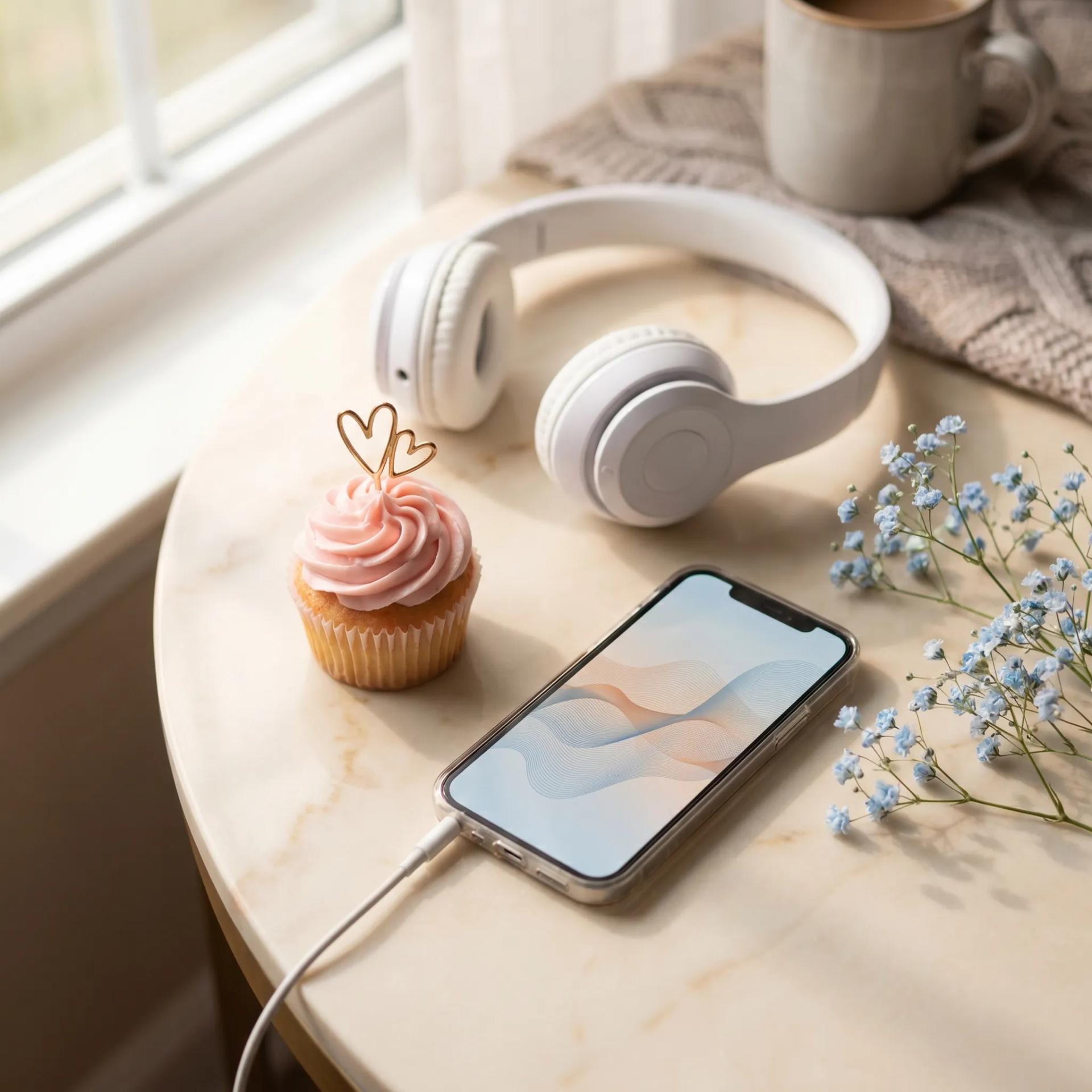 Mesa com bolo de chá revelação, fone de ouvido e celular tocando música