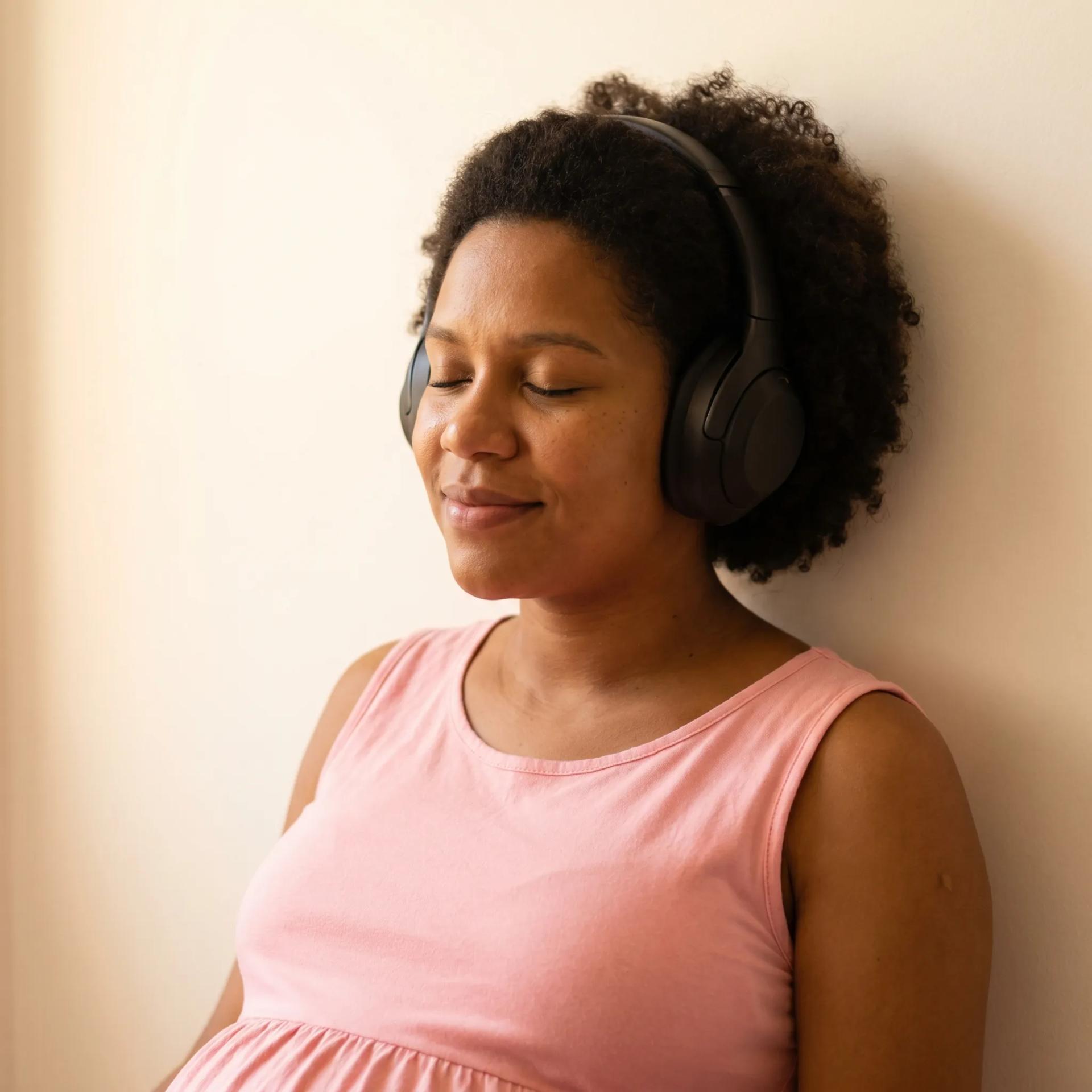 Mulher grávida sorrindo ao ouvir música em fones de ouvido