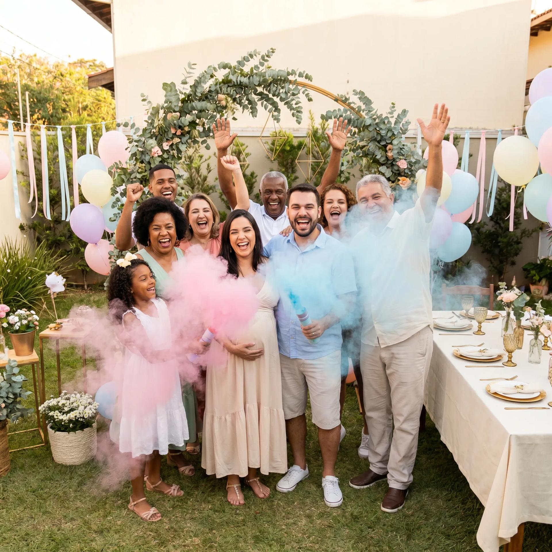 Família toda reunida no jardim no momento da revelação do bebê