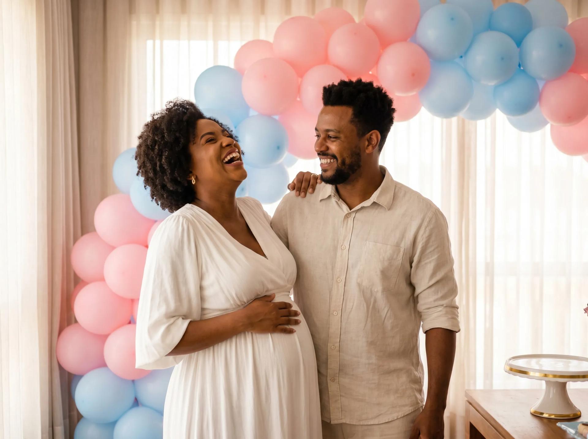 Casal afro-brasileiro grávido em festa de chá revelação