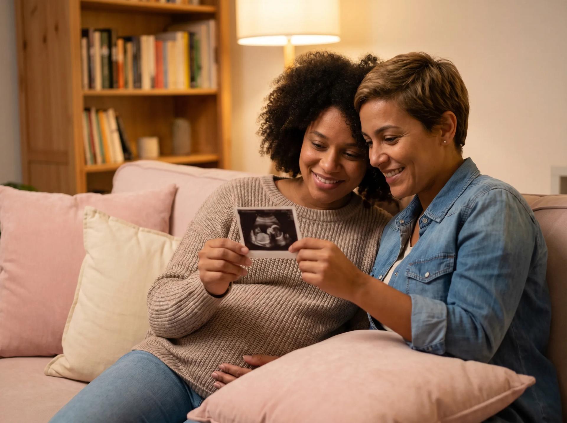 Casal LGBT sorridente segurando ultrassom em chá revelação