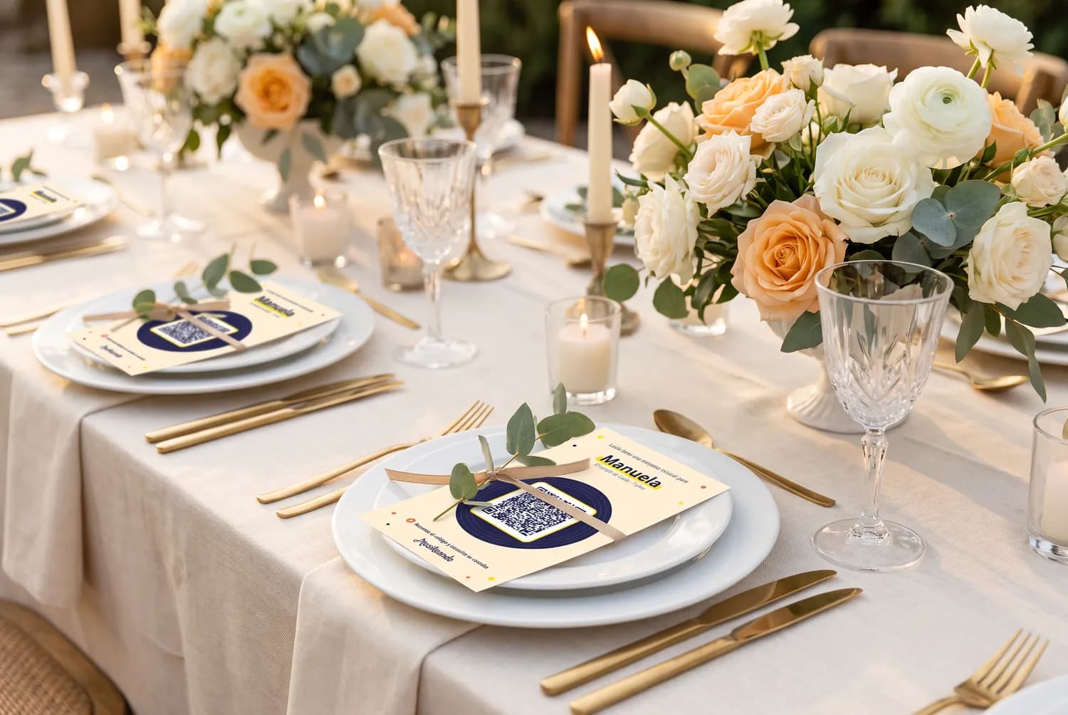Mesa de casamento com um cartão com QR code e música personalizada em cada prato