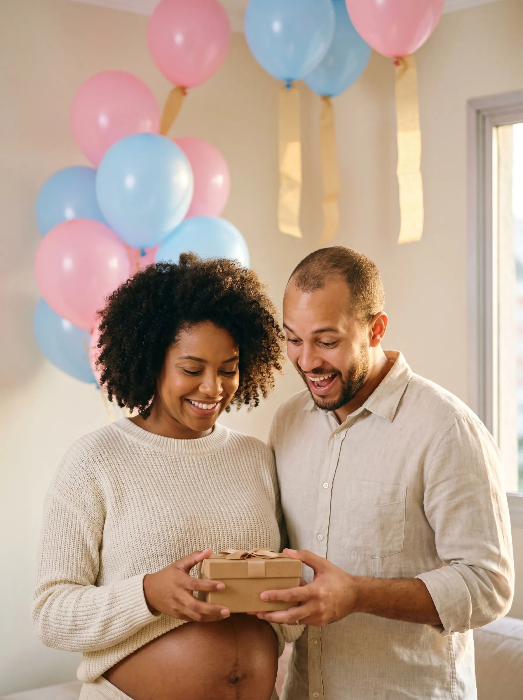 Casal grávido sorrindo enquanto abre caixa com balões rosa e azul flutuando ao redor — chá revelação Musikeando